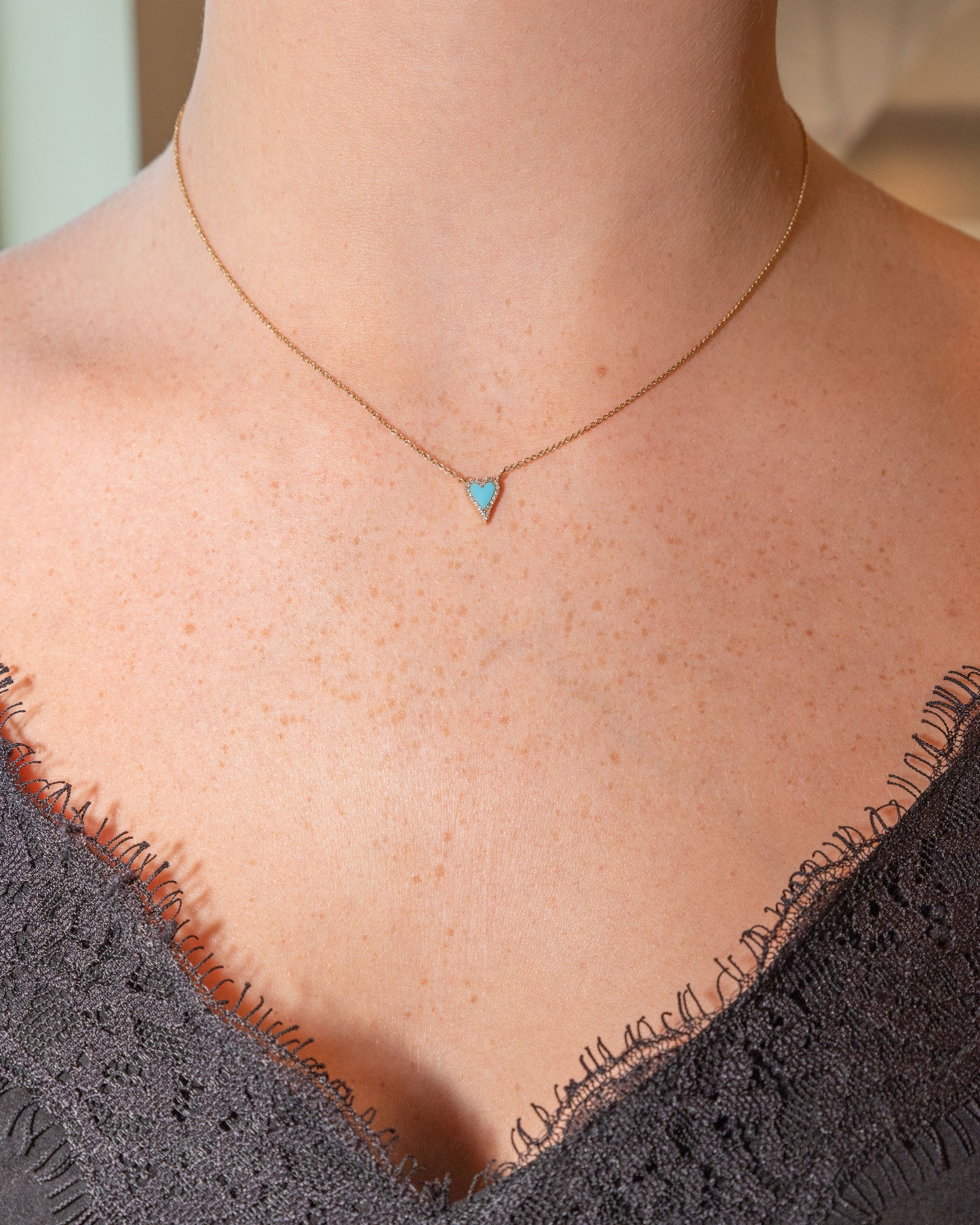 Tiny Enamel Heart Necklace with Pave Diamond Border