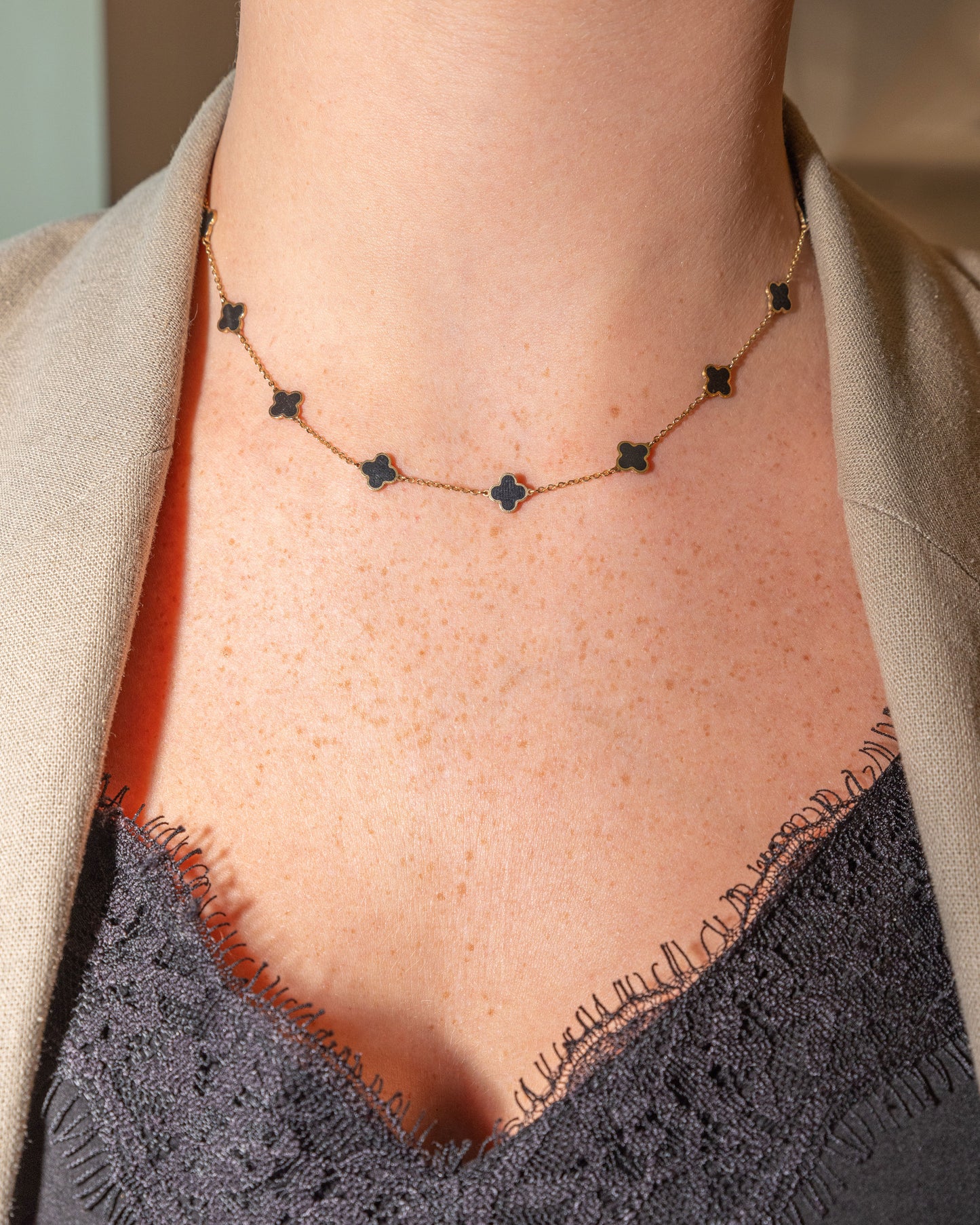 Yellow Gold Enamel Station Clover Necklace