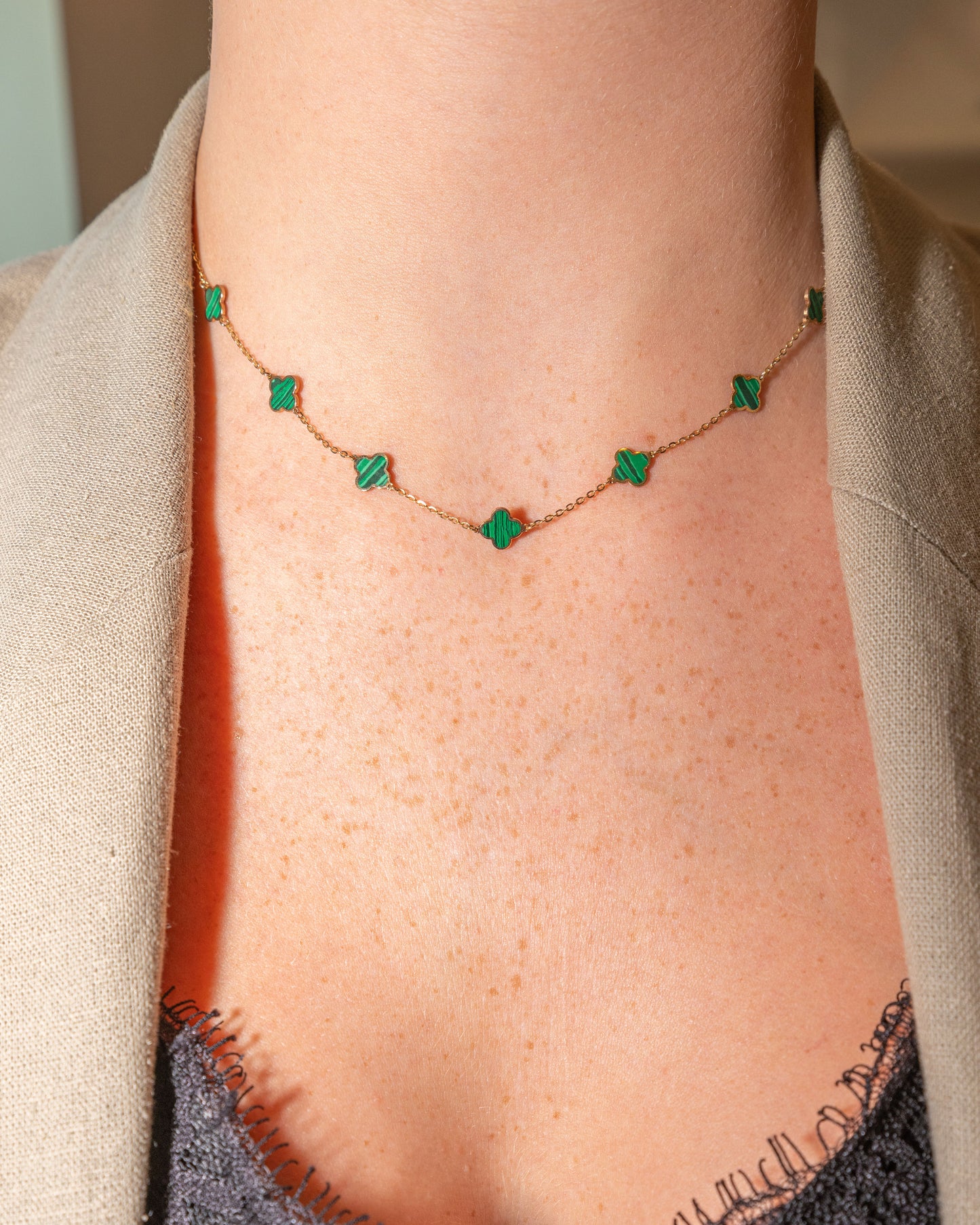 Yellow Gold Enamel Station Clover Necklace