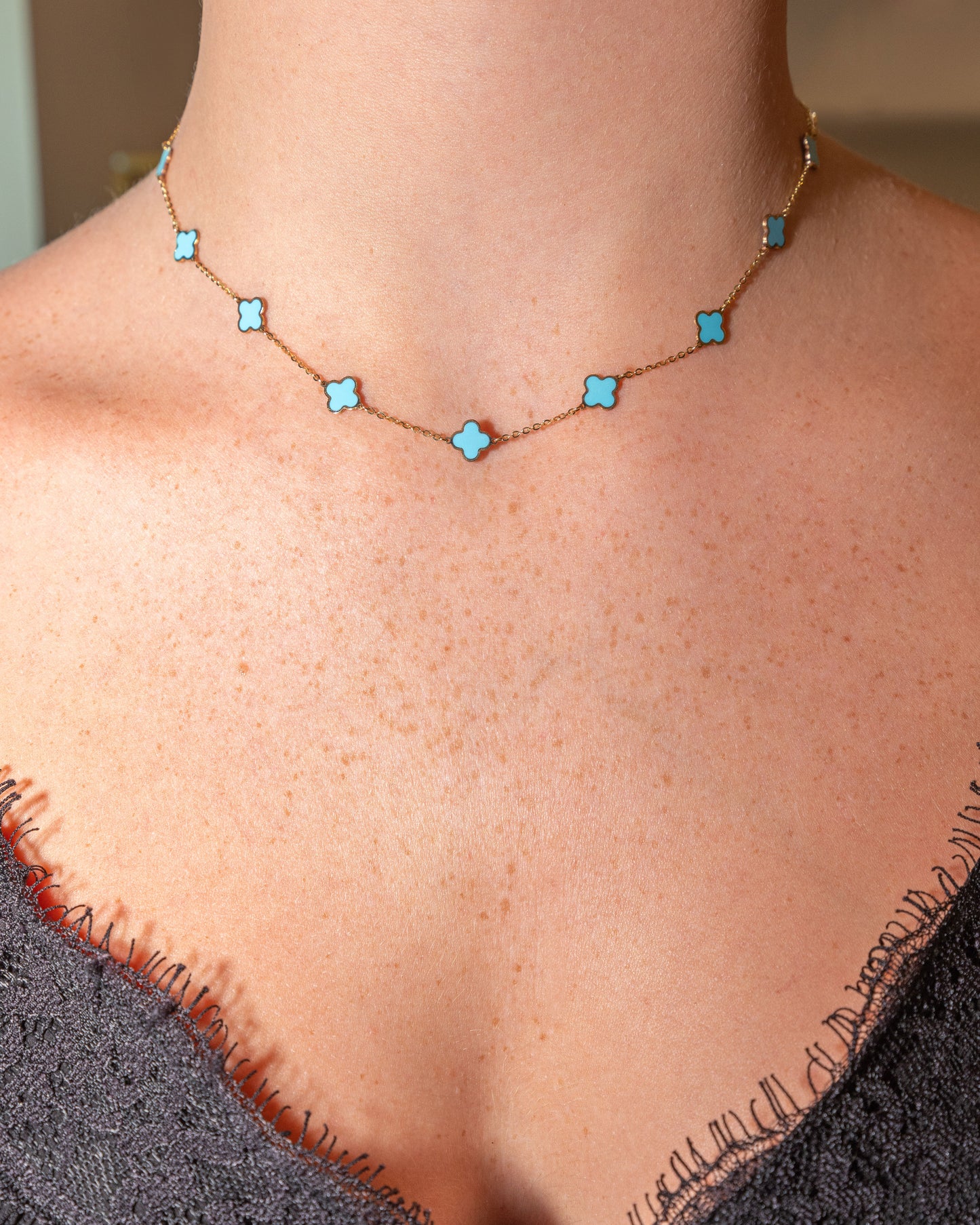 Yellow Gold Enamel Station Clover Necklace