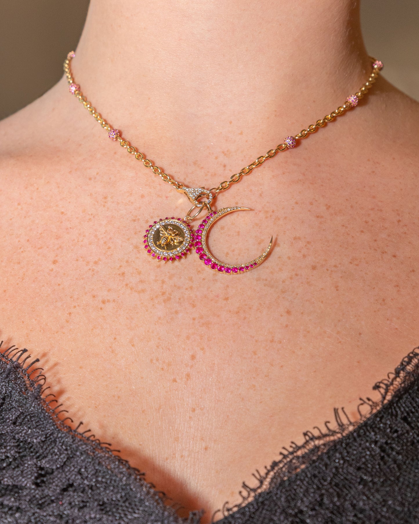Yellow Gold Oval Link Necklace with Ruby Bead Accents and Tiny Pave Lobster