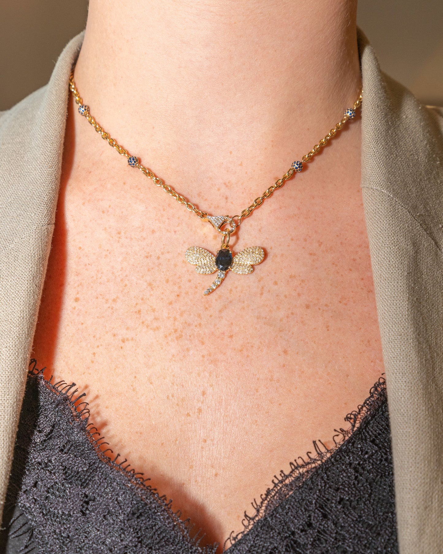 Yellow Gold Oval Link Necklace with Sapphire Bead Accents and Tiny Pave Lobster