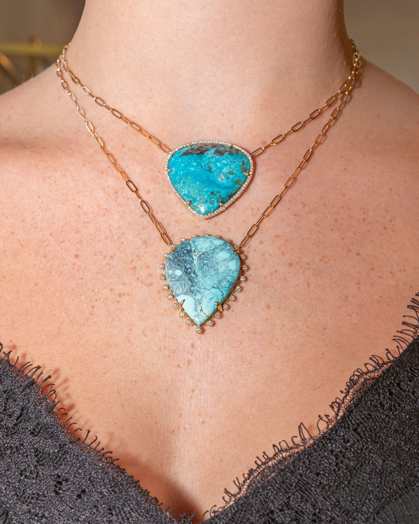 Yellow Gold Organic Triangle Turquoise Paper Clip Necklace with Pave Border