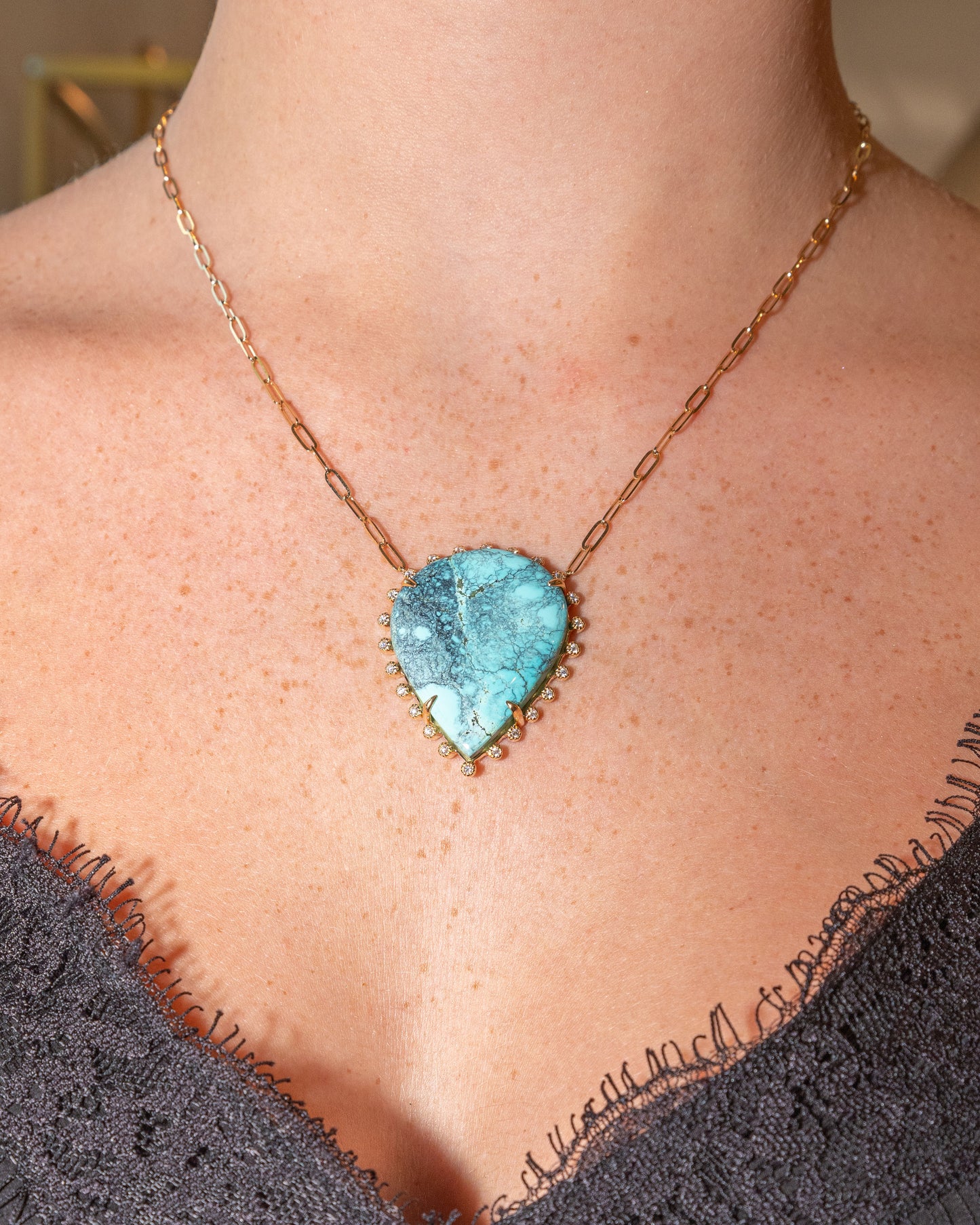 Yellow Gold Organic Teardrop Turquoise Paper Clip Necklace with Milgrain Diamond Border