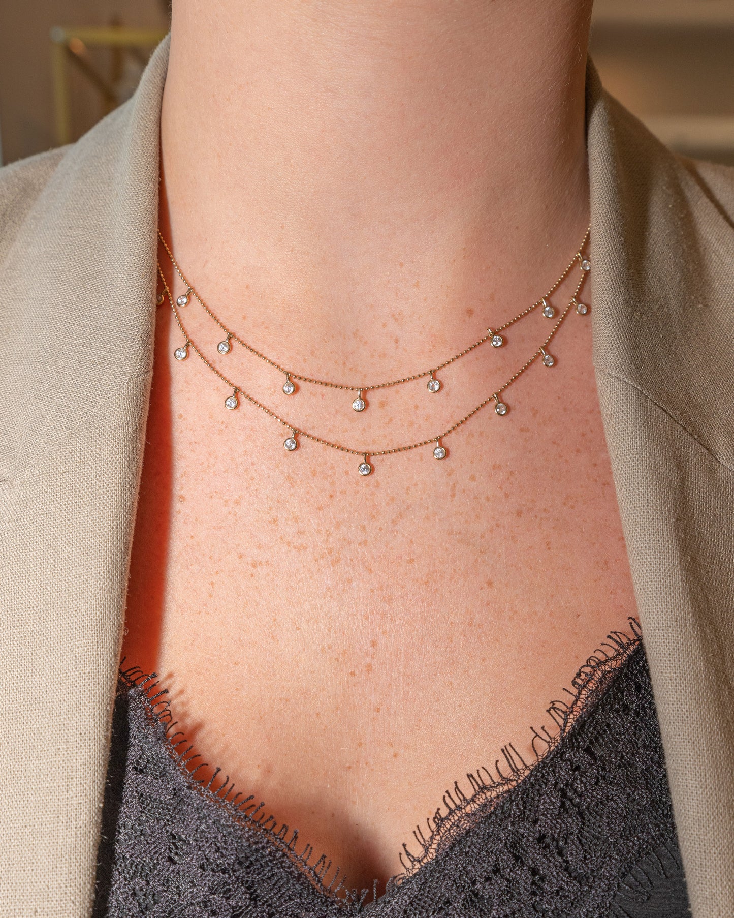 Double Layer Yellow Gold Bezeled Diamond Station Necklace