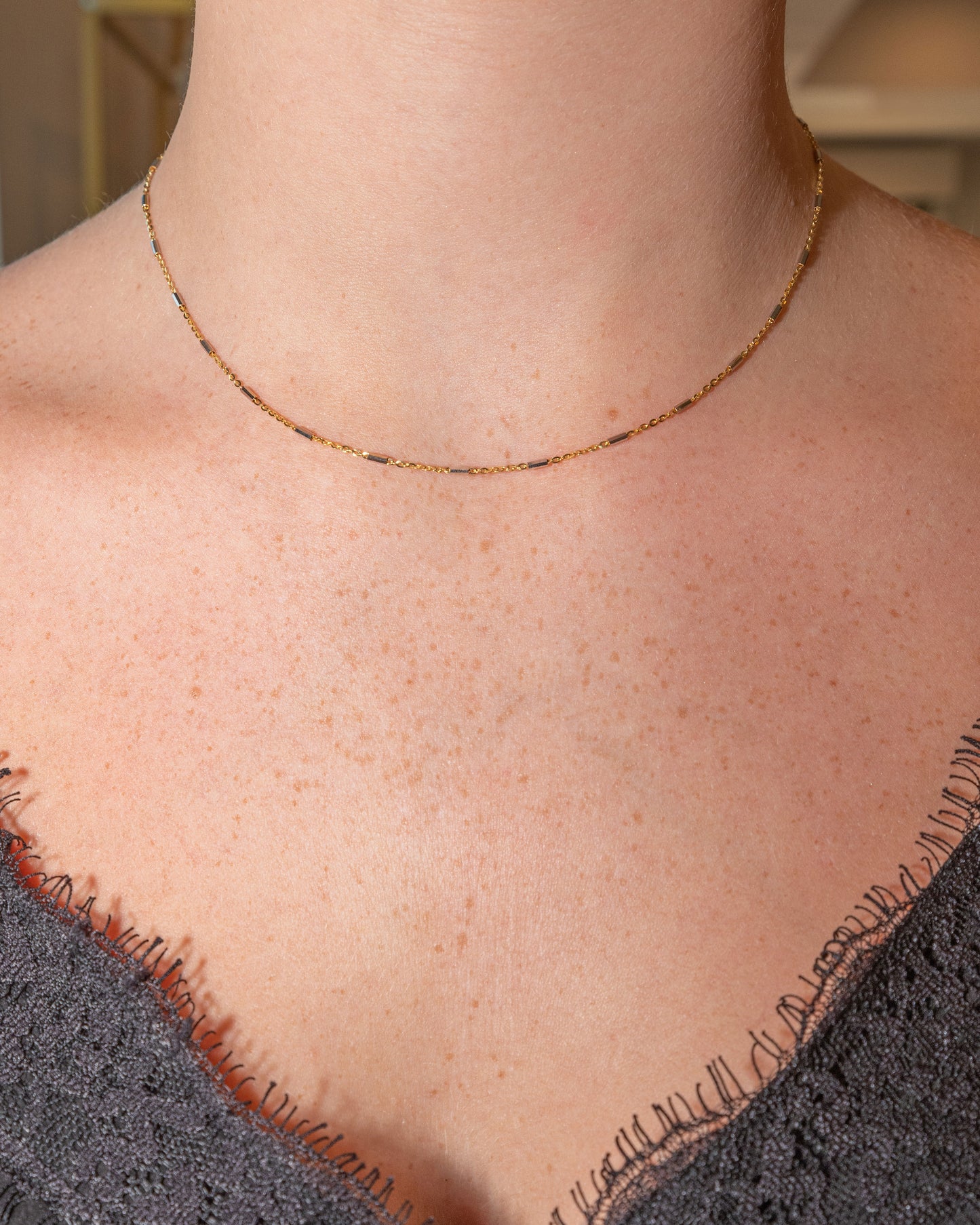 Yellow and White Gold Polished Bar Station Saturn Chain