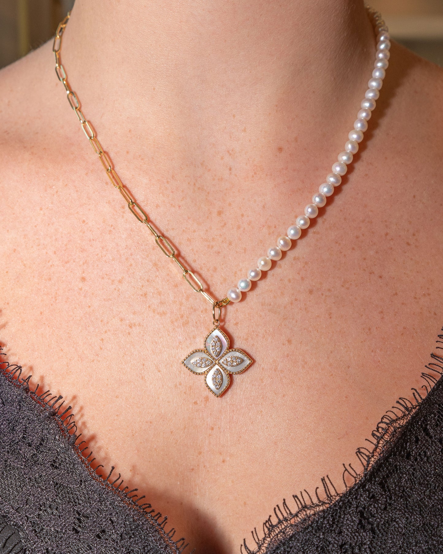 White Mother of Pearl Cross Shaped Pendant with Pave Diamond Accents