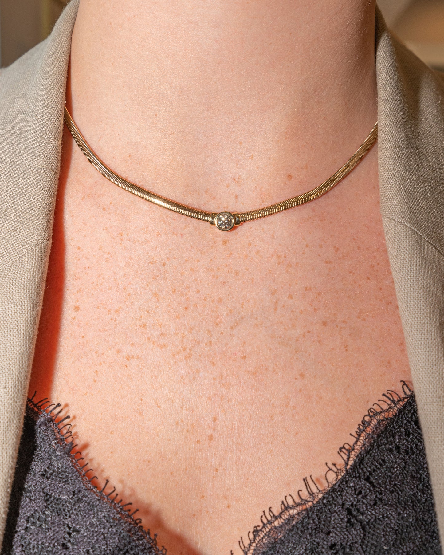 Yellow Gold Snake Chain Necklace with Solitaire Diamond