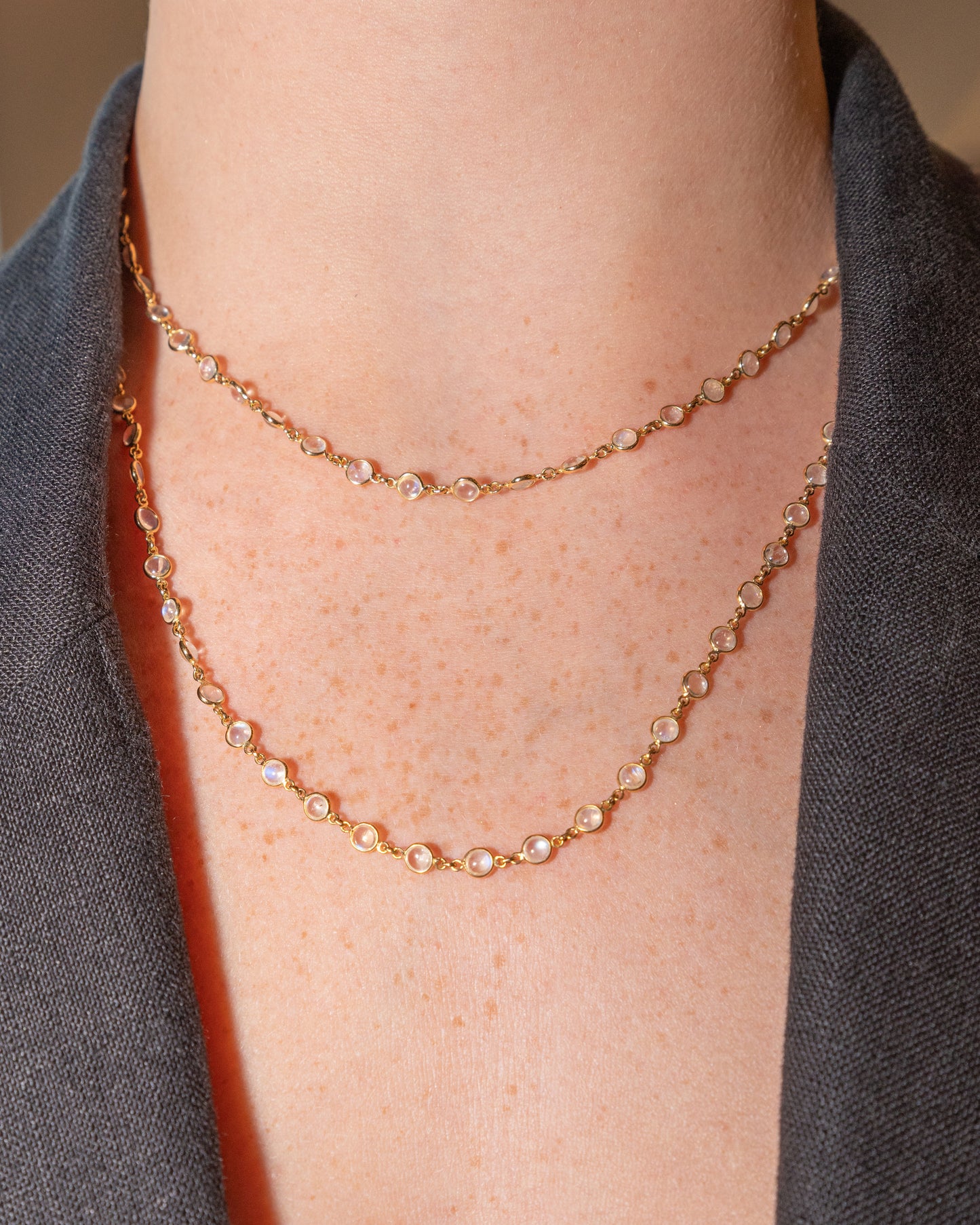 18K Yellow Gold Long Bezeled Moonstone Necklace