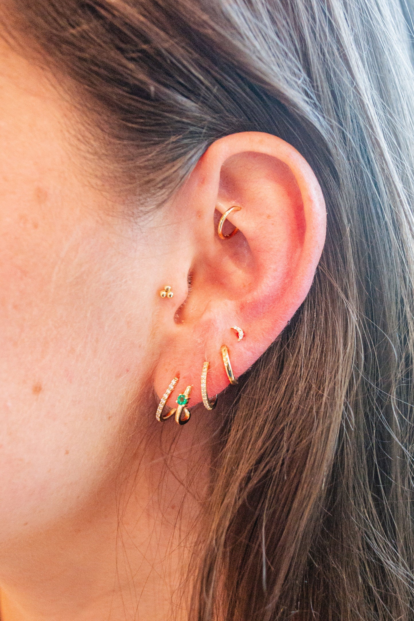 Yellow Gold Double Faux Huggie with Emerald Accent