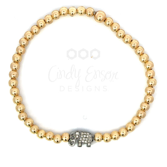 4mm Yellow Gold Filled Bead Bracelet with Sterling Pave Elephant