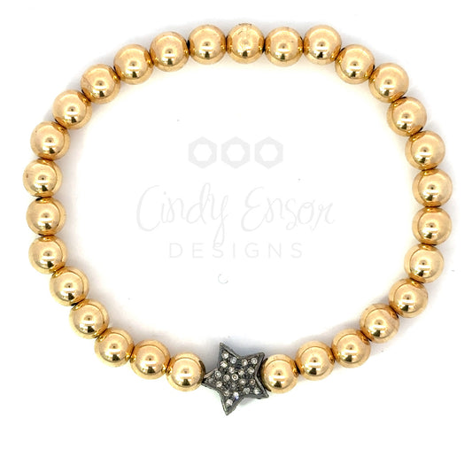 6mm Yellow Gold Filled Bead Bracelet with Sterling Pave Star