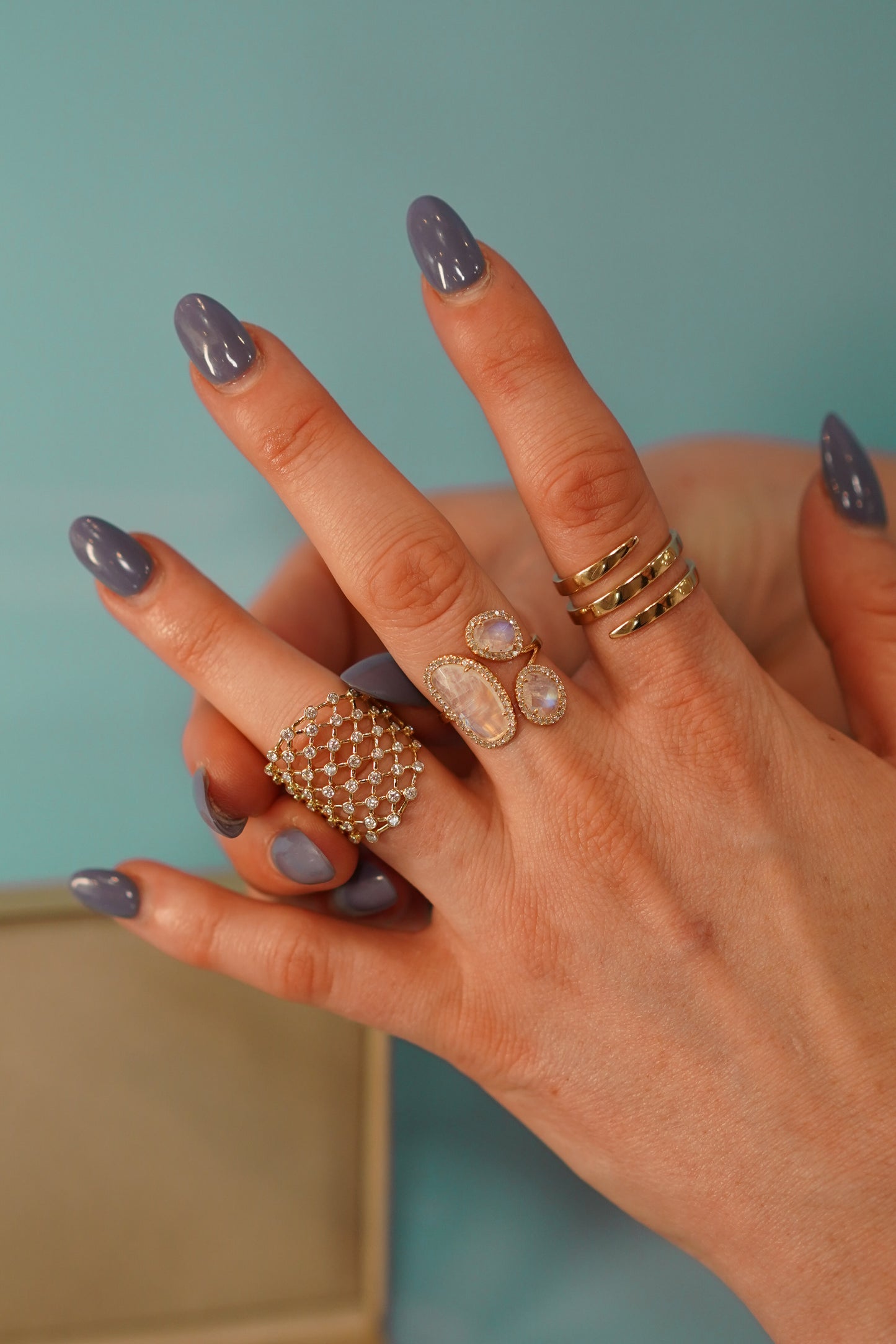 Triple Moonstone Ring with Pave Diamond Border