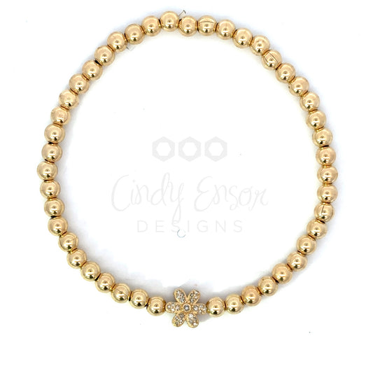 4mm Yellow Gold Filled Bead Bracelet with Pave Flower