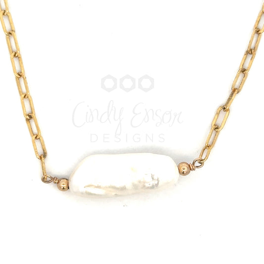 Gold Filled Paper Clip Necklace with Elongated Pearl