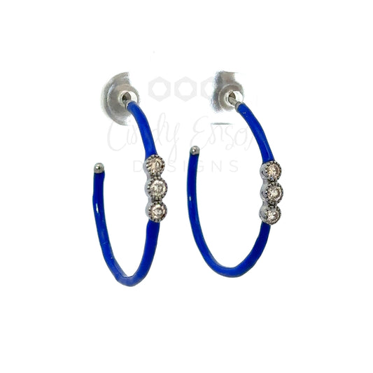 1" Navy Enamel Triple Diamond Hoop Earring