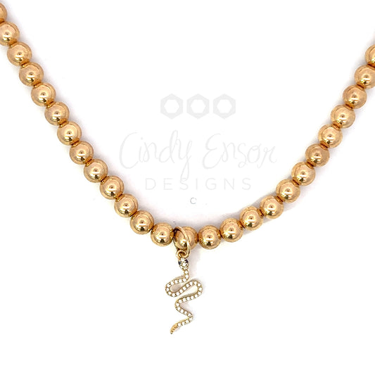 Yellow Gold Filled 6mm Beaded Necklace with Pave Snake