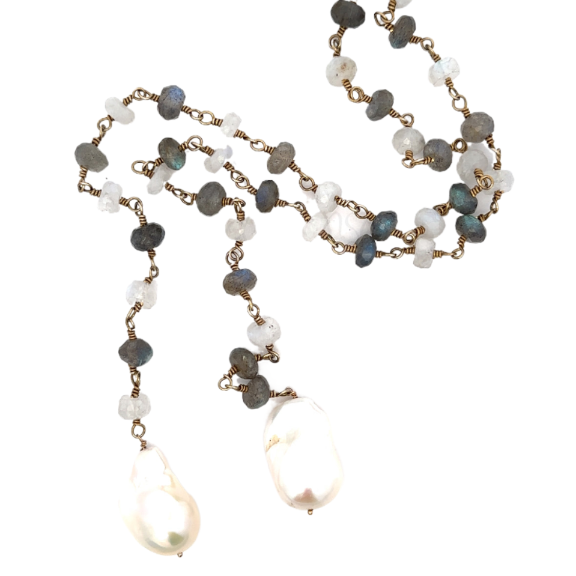 Labradorite and Moonstone Lariat with Baroque Pearls