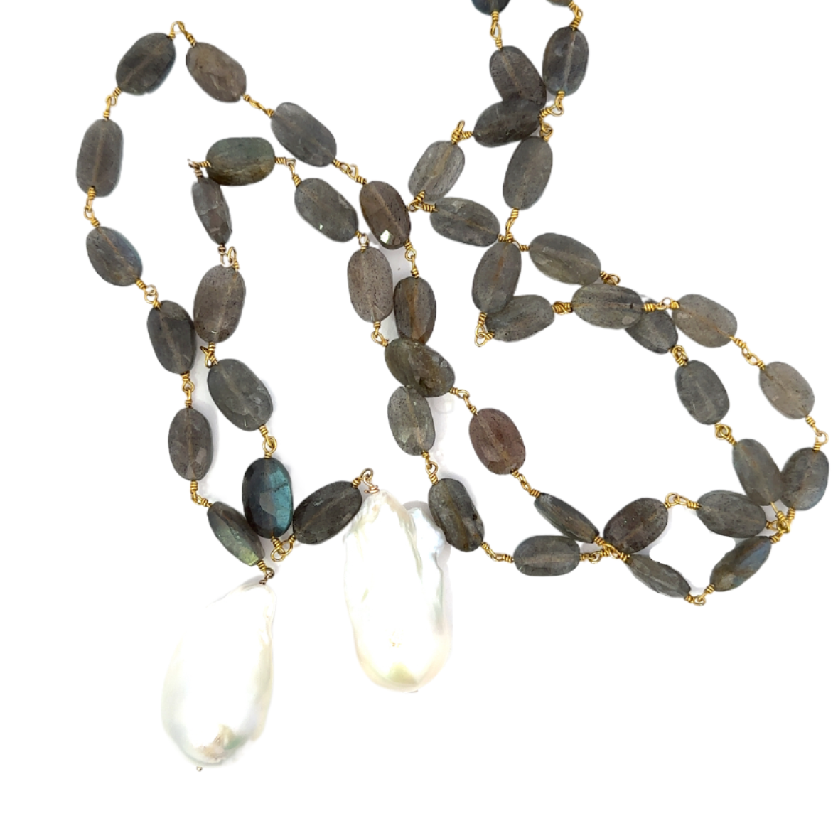 Oval Labradorite Lariat Necklace with Baroque Pearls