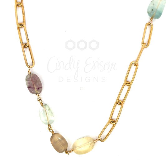 Gold Vermeil Paper Clip Toggle Colored Stone Necklace
