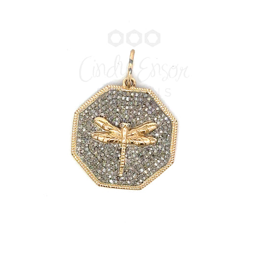 Mixed Metal Pave Diamond Hexagon Pendant with Dragonfly