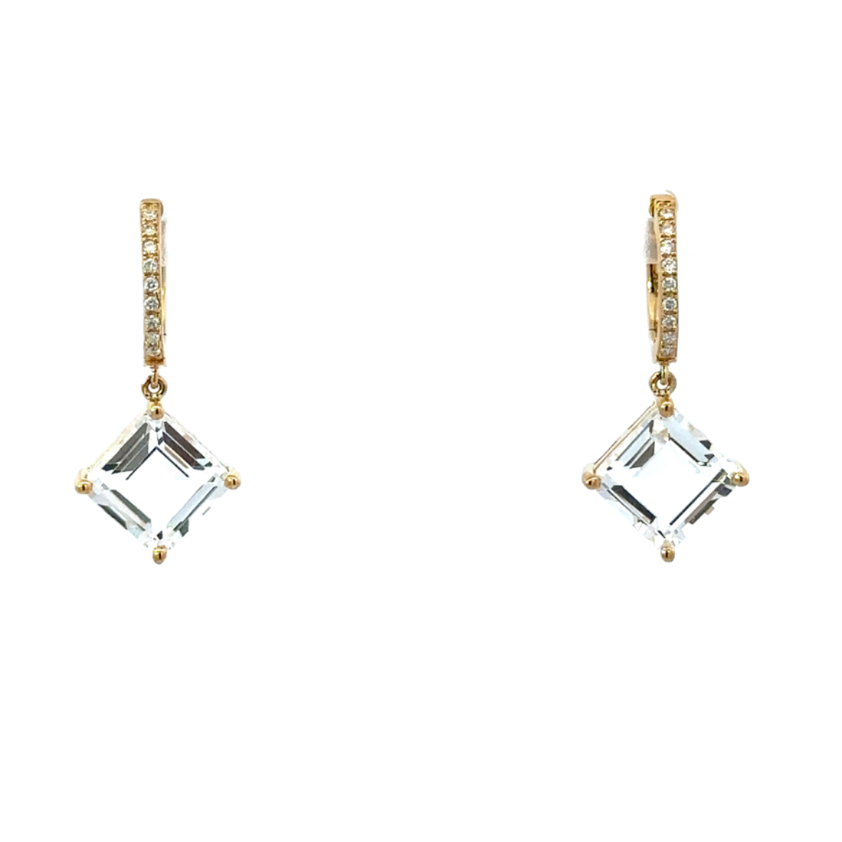 Yellow Gold White Topaz Square Drop Earrings