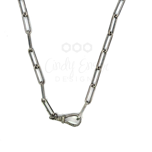 Thick Sterling 15mm Paper Clip Necklace with Pave Vintage Fob Clasp
