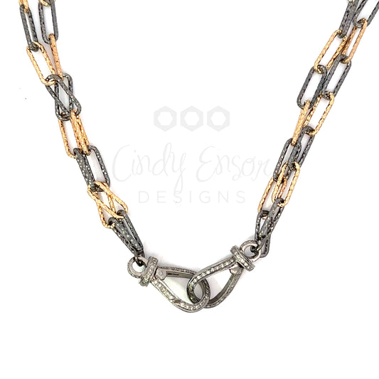 Double Chain Two Tone Paper Clip Chain with Pave Vintage Clasps
