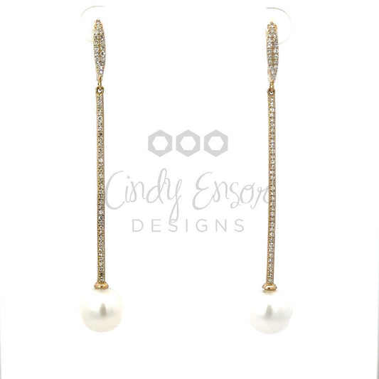 Long Pave Diamond Stick Earring with White Freshwater Pearl