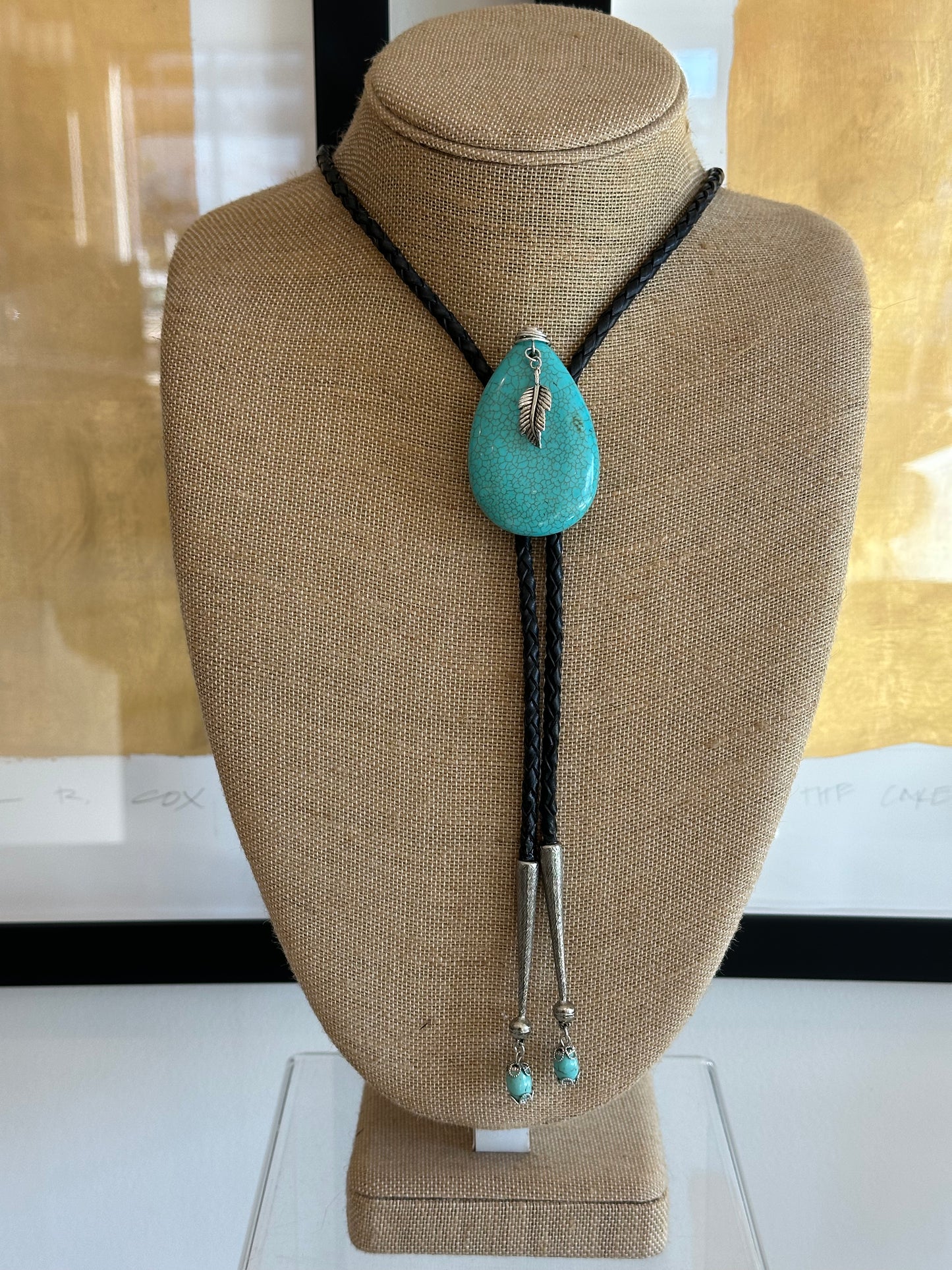Teardrop Turquoise Bolo on Black Leather with Turquoise Tips