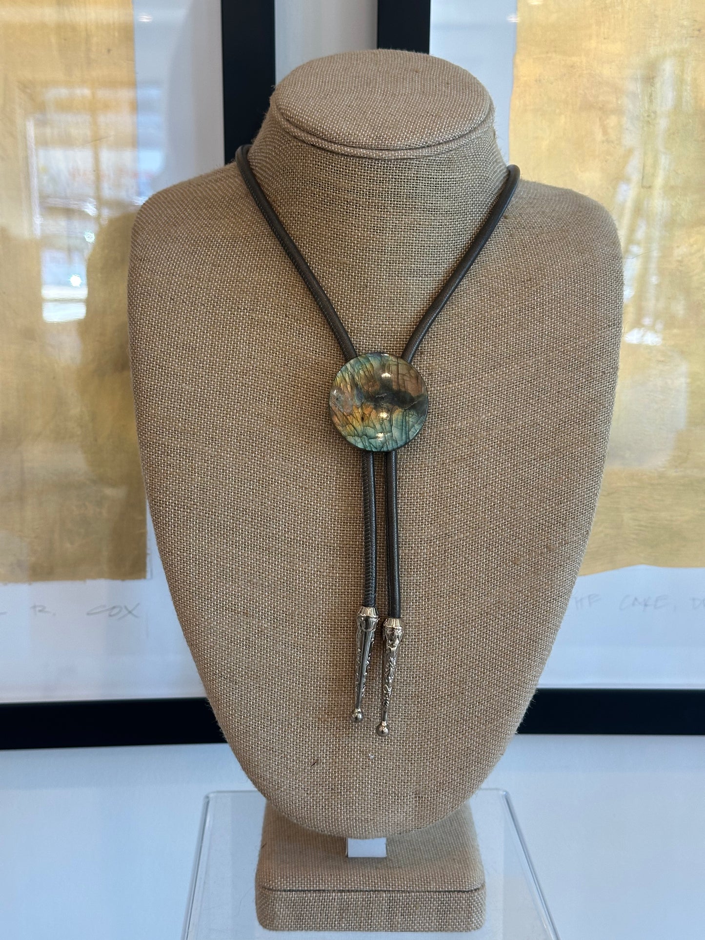 Circle Labradorite Bolo Tie with Gold Tone Tips