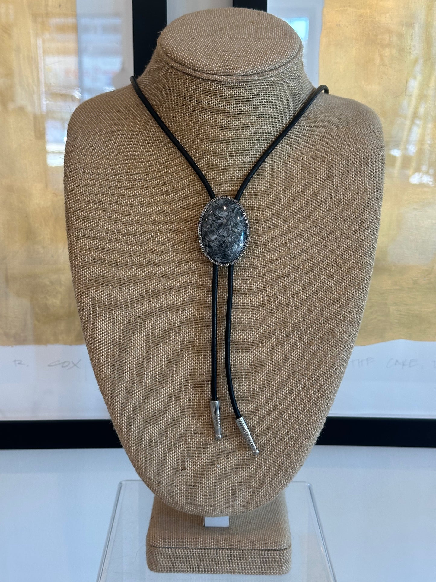 Sterling Oval Agate Bolo Tie with Pave Border