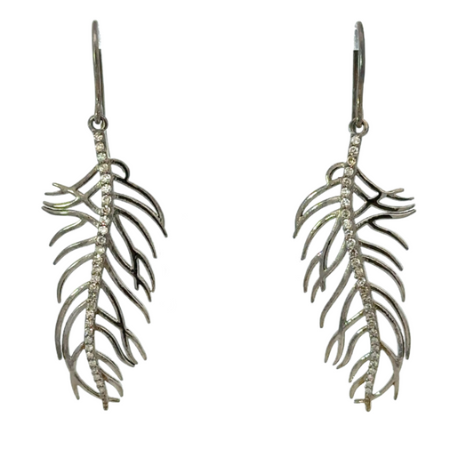 Sterling Black Metal Feather Earring with Pave Diamond Accents