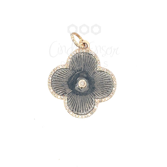 Large Mixed Metal Clover Pendant with Bezeled Diamond and Pave Detail