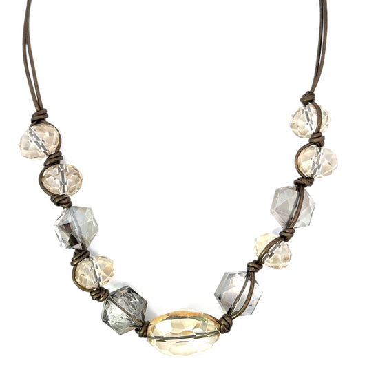 Short Leather Hand Knotted Champagne and Gray Crystal Cluster Necklace