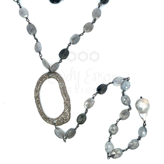 Coin Labradorite Y Drop Necklace with Pave Organic Pendant and Pearl Accent