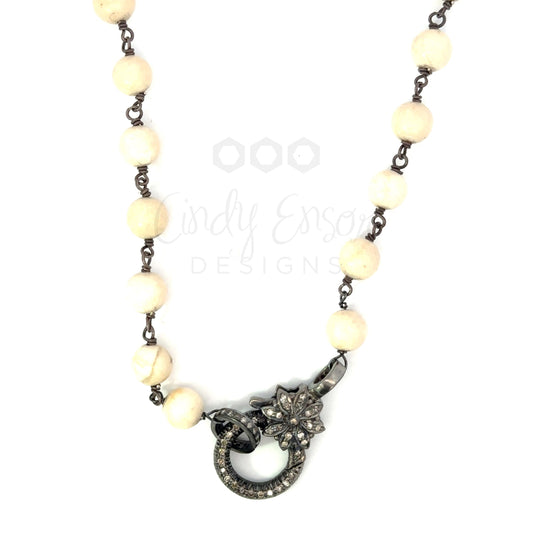 Agate Bead Necklace with Pave Diamond Flower Lobster