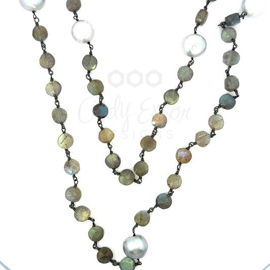 Sterling Coin Labradorite Necklace with Small Baroque Pearls