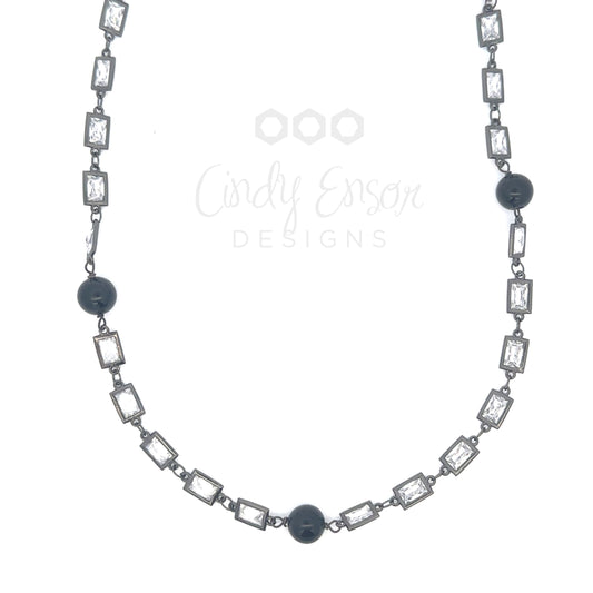 Oxidized Sterling Square Crystal and Black Bead Necklace