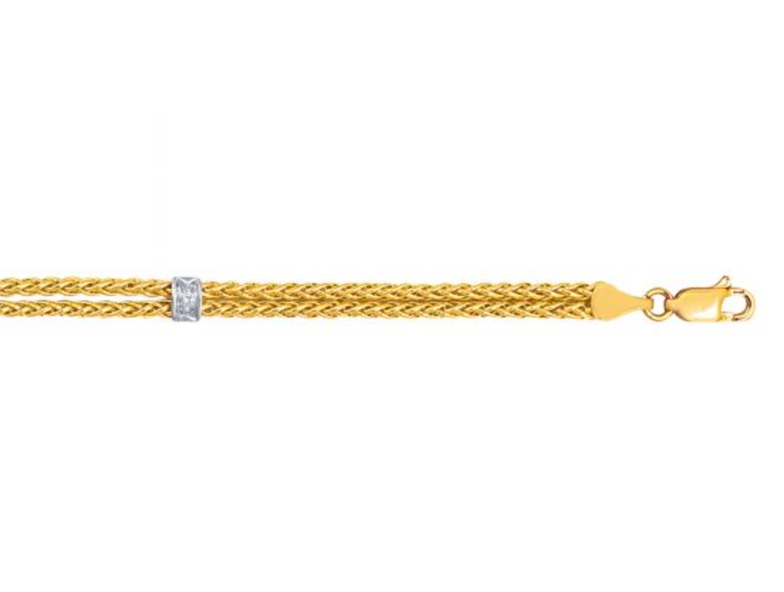 14K Gold .03ct Diamond Station Wheat Chain Bracelet