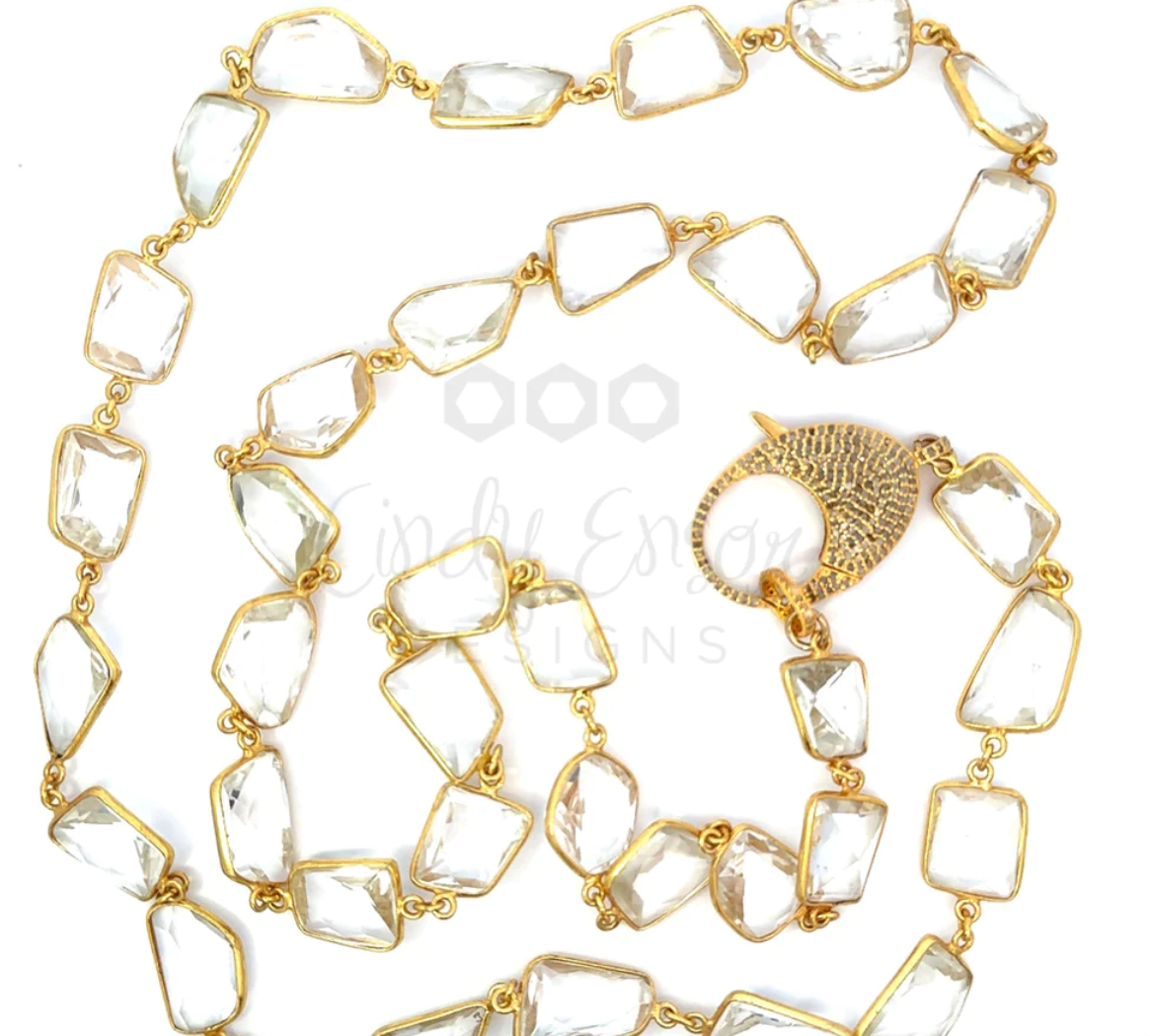 Gold Vermeil Crystal Necklace with Pave Diamond Lobster
