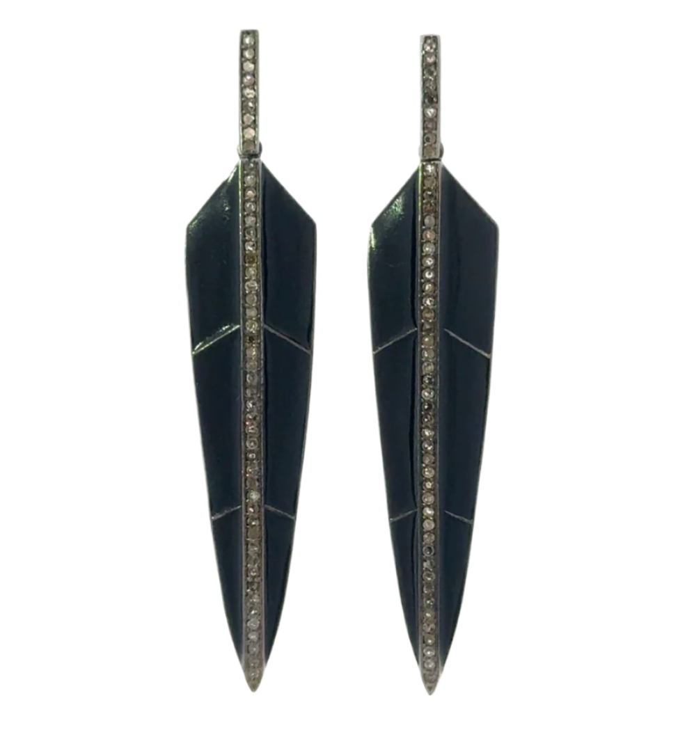 Sterling Enamel Feather Earring with Pave Diamond Accents