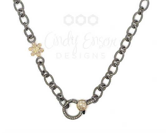 Short Oval Link Sterling Chain Accented by One Yellow Gold Pave Flower and Two Toned Pave Lobster