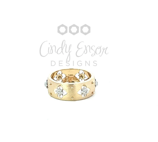 Brushed Yellow Gold Band with Clover Diamond Accent