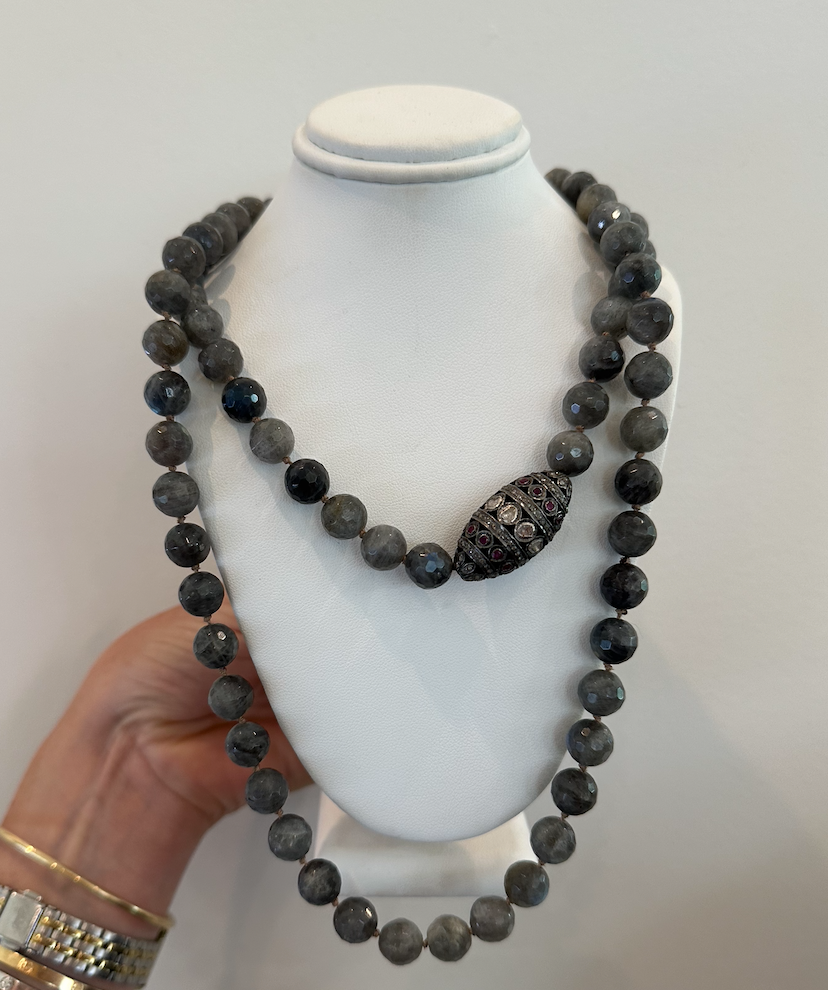 Hand Knotted Faceted Labradorite Necklace with Rose Cut Diamond Bead