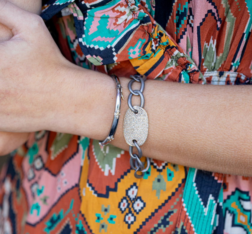 Thick Mixed Metal Bracelet with 3 Diamond Cross Accents