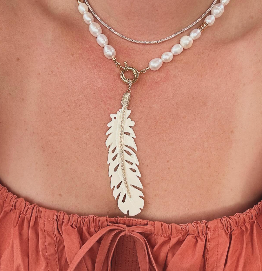 Extra Large Bone Feather Pendant with Diamond Accents