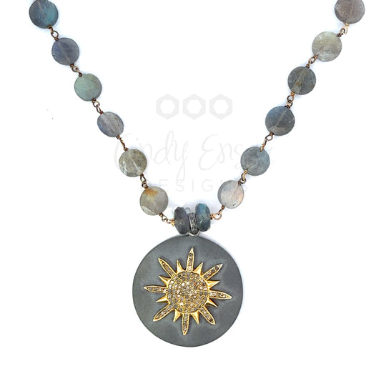 Coin Labradorite Necklace with Brushed Mixed Metal Pendant