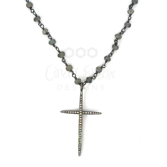 Short Labradorite Necklace with Medium Pave Cross
