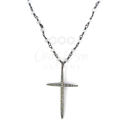 Short Moonstone Necklace with Medium Pave Cross